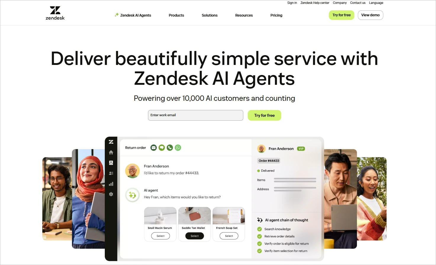 Zendesk homepage with tagline “Deliver beautifully simple service with Zendesk AI agents,” chat overlay, and trial/demo buttons.