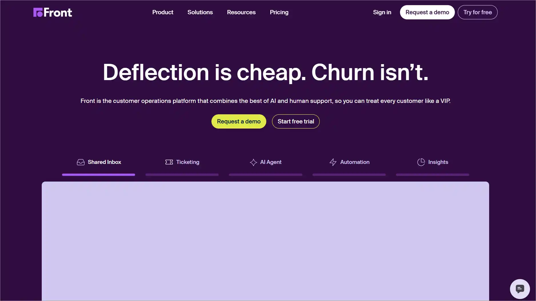 Front software webpage with banner “Deflection is cheap. Churn isn't,” desk illustration, navigate links, and demo button.