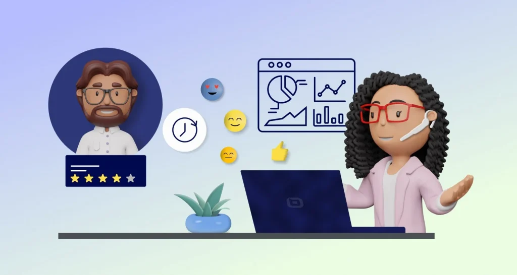 Customer service experience concept showing feedback ratings, performance analytics, and digital support interaction