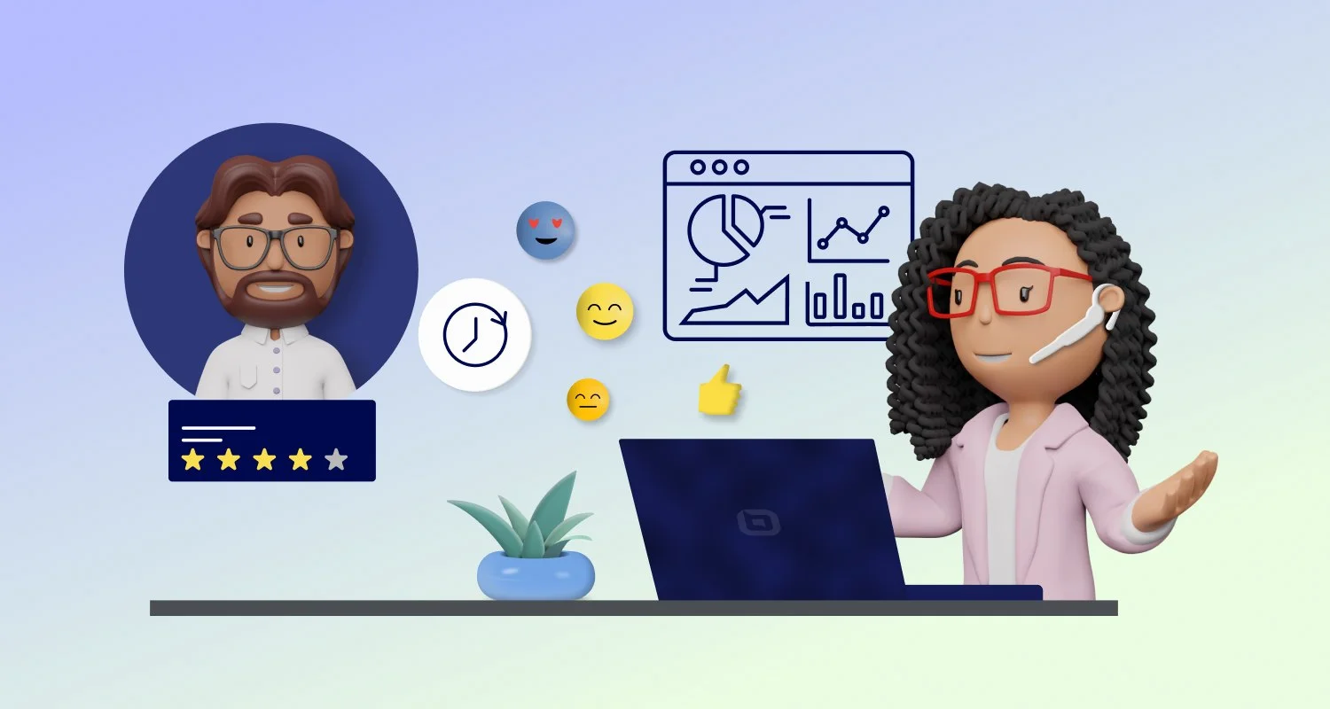 Customer service experience concept showing feedback ratings, performance analytics, and digital support interaction