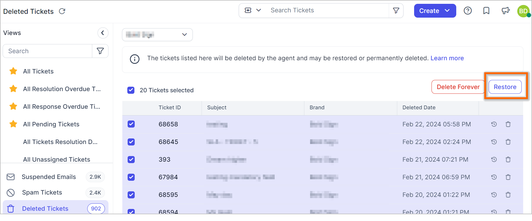 New feature to restore soft-deleted tickets 