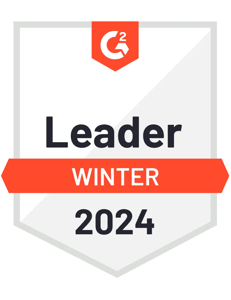G2 Leader badge for Winter 2024 with G2 logo, orange band labeled ‘Winter,’ and year 2024 below