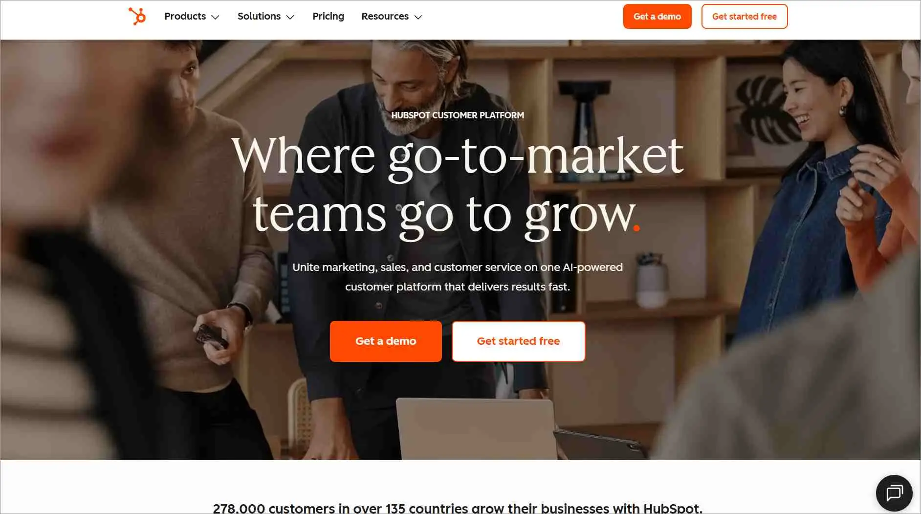 HubSpot homepage with headline "Where go-to-market teams go to grow" and buttons for demo and getting started.