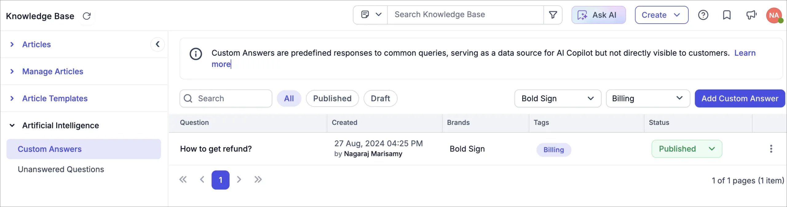 Screenshot of knowledge base showing custom answers list with refund query marked published