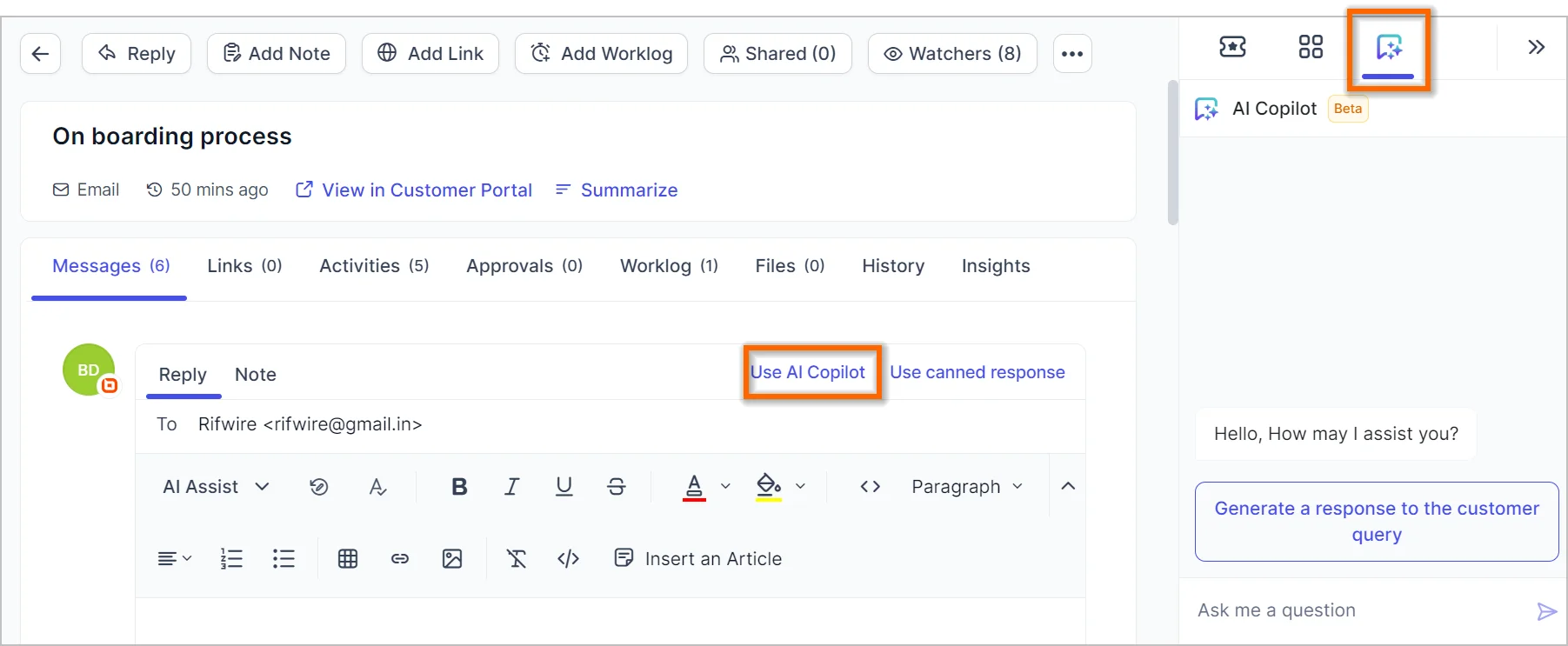 Email interface highlighting the “Use AI Copilot” feature with options for reply, notes, and file links.