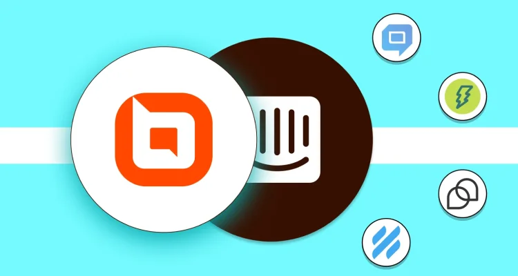 Infographic with BoldDesk and Intercom icons, surrounded by circular feature symbols as Intercom alternatives