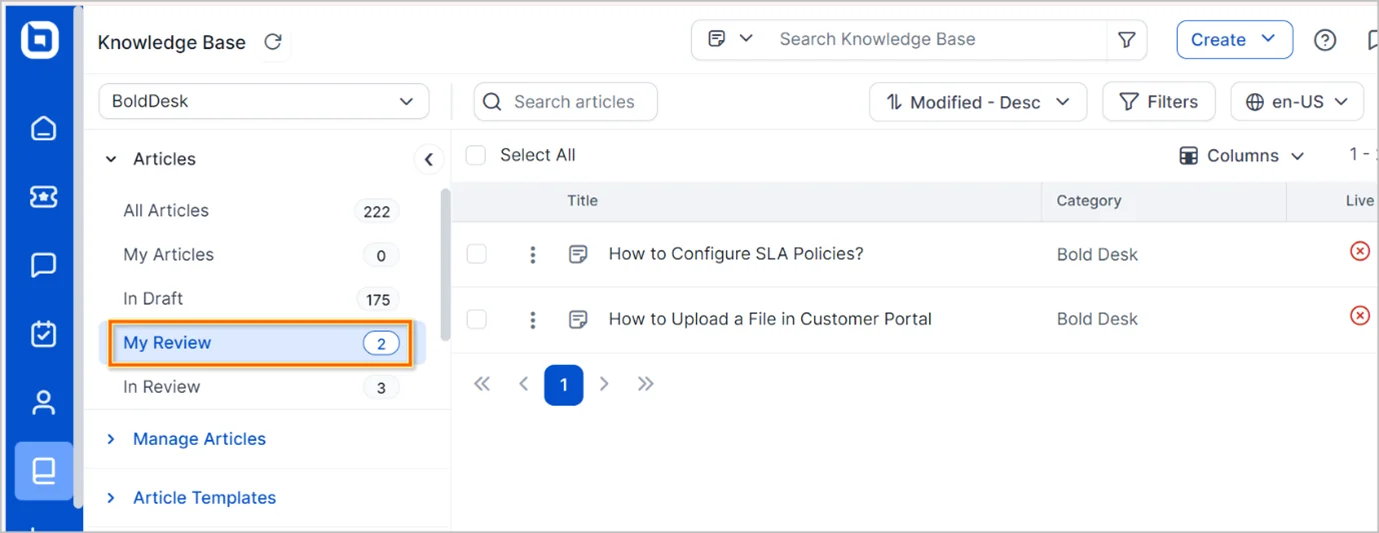Knowledge Base dashboard with “My Review” highlighted and two articles listed for review