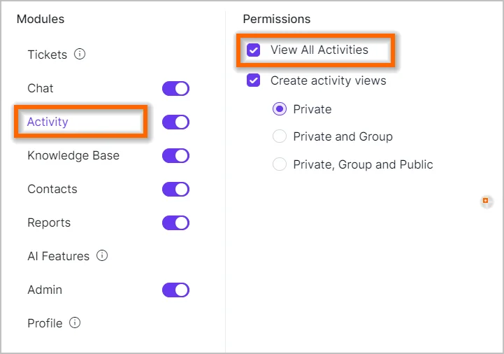 Enhanced control access to activity modules