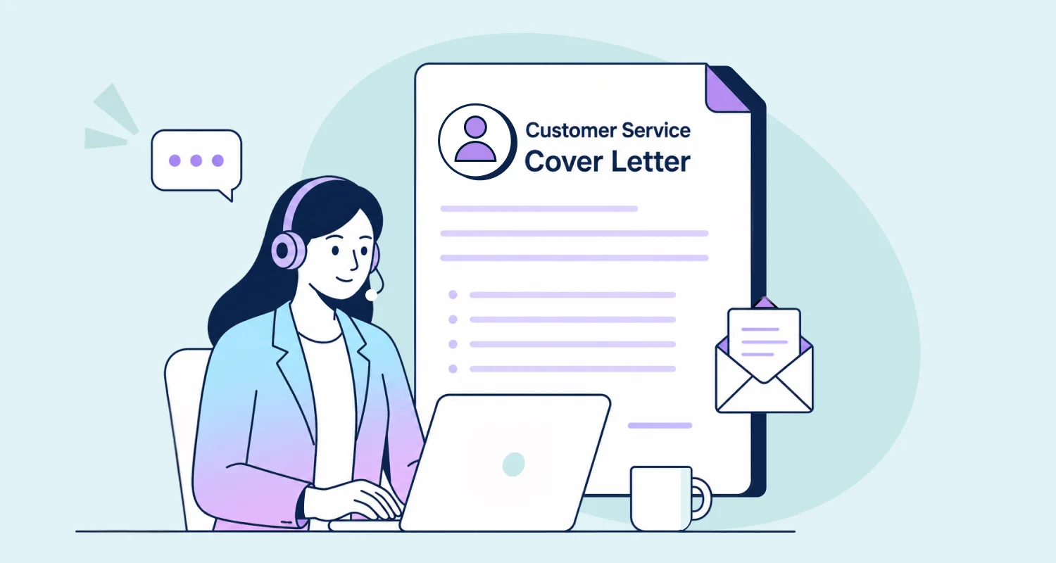 Illustration of a customer service agent sitting at a desk with a laptop on a light blue background.