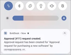 Notification panel showing BoldDesk alert for approval request to purchase software, with settings, Wi-Fi, and Bluetooth icons.