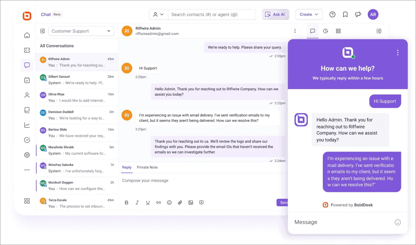 BoldDesk's live chat widget example