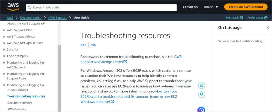AWS user guide page showing troubleshooting resources with links, sidebar, and PDF or RSS options