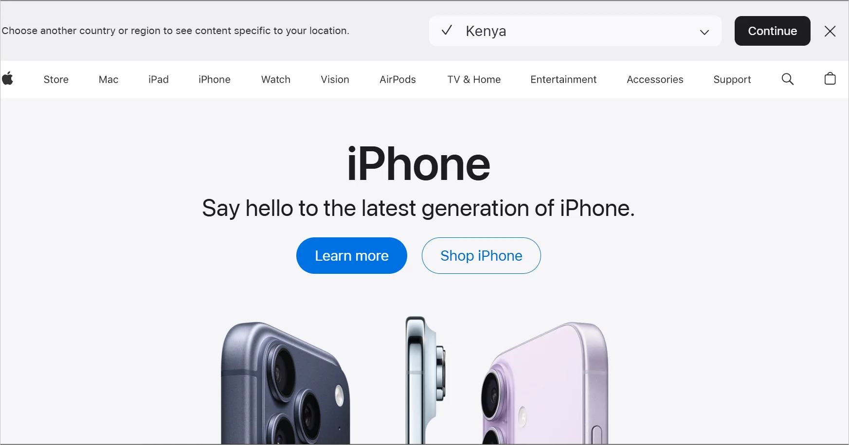 Apple home page with visible presentation of one of the products, iPhone.