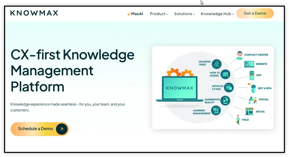 Knowmax webpage showcasing a knowledge management platform with features for creating user manuals and guides