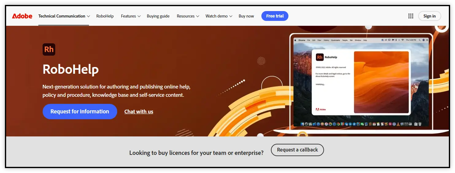 Adobe RoboHelp webpage showcasing tools for creating and publishing user manuals and online help content.