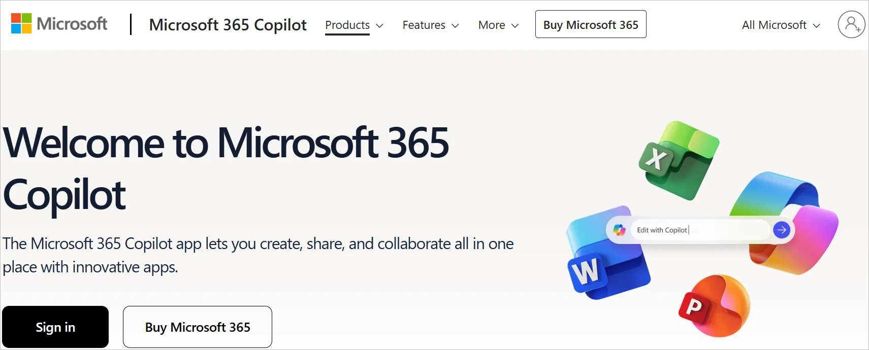 Microsoft 365 home page with the headline "Welcome to Microsoft 365 Copilot"