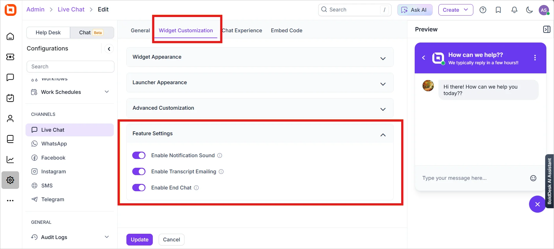 BoldDesk's live chat widget customization showing step-by-step procedure for enabling notification sound, transcript emailing, and end chat.