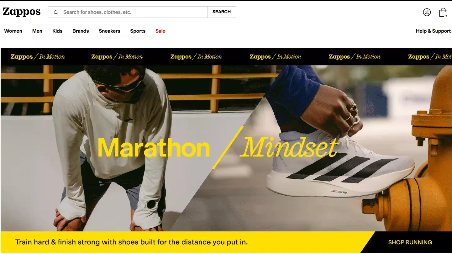 Zappos online customer service home page with the headline "Marathon Mindset."