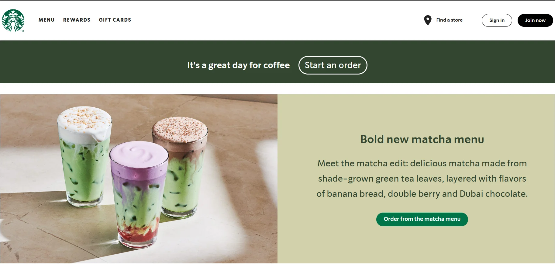 Starbucks home page with presentable products for online customers.
