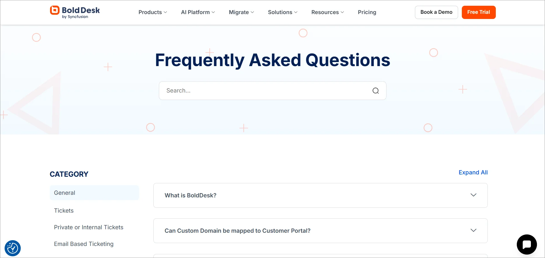 BoldDesk FAQ software showing search bar, Contact Group category, sample FAQ question, plus chat button at lower right