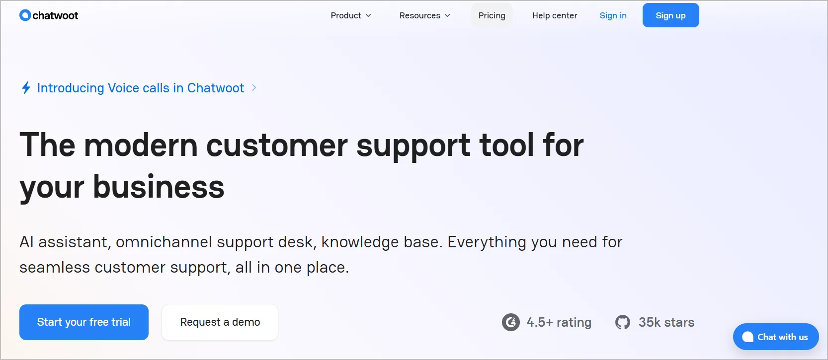 Chatwoot homepage showcasing customer support software with AI assistant, omnichannel help desk, and free trial CTA