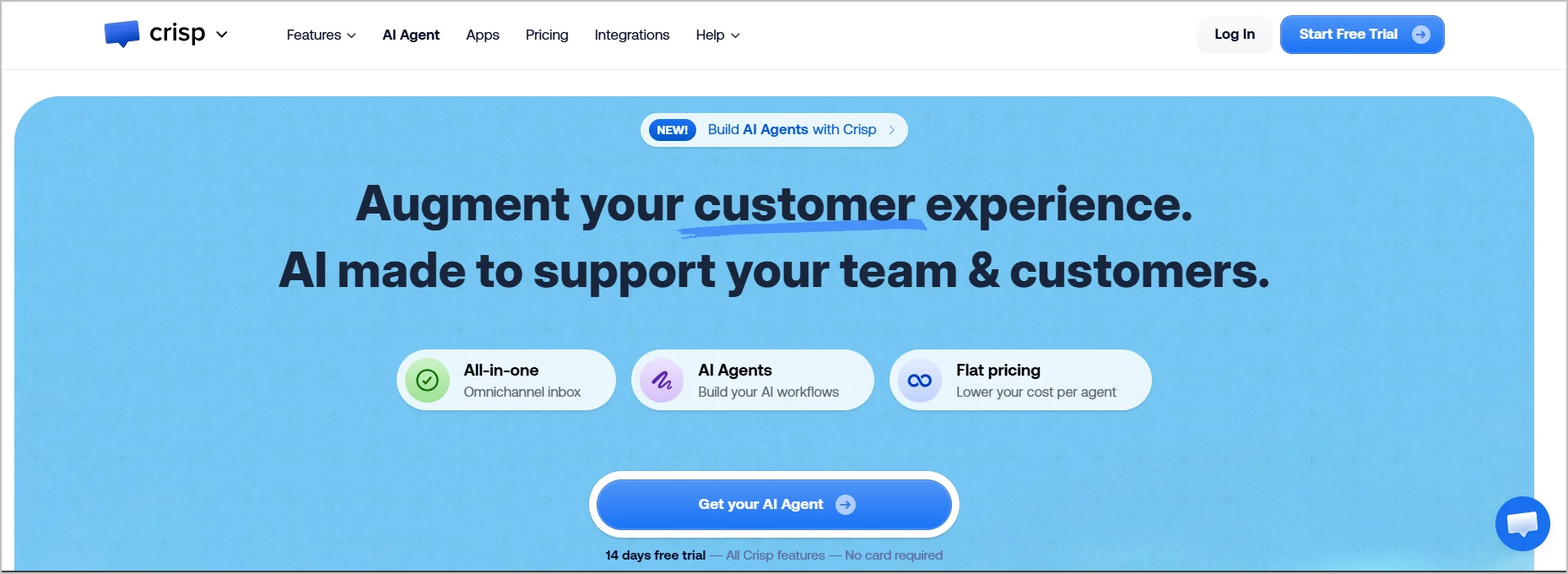 Crisp homepage promoting AI-powered customer support with omnichannel inbox, AI agents, and free trial offer.