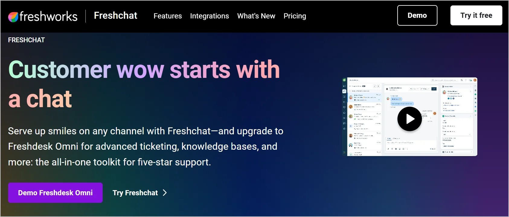 Freshchat homepage highlighting omnichannel customer support software with chat, ticketing, knowledge base, and demo options.