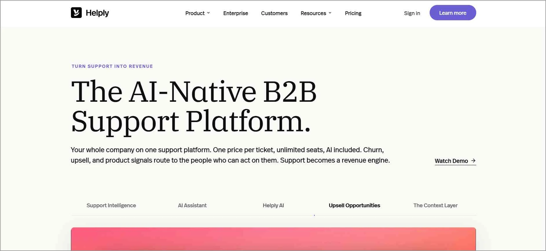 Helply homepage promoting AI-native B2B support platform with AI agent, shared inbox, and customer support tools.