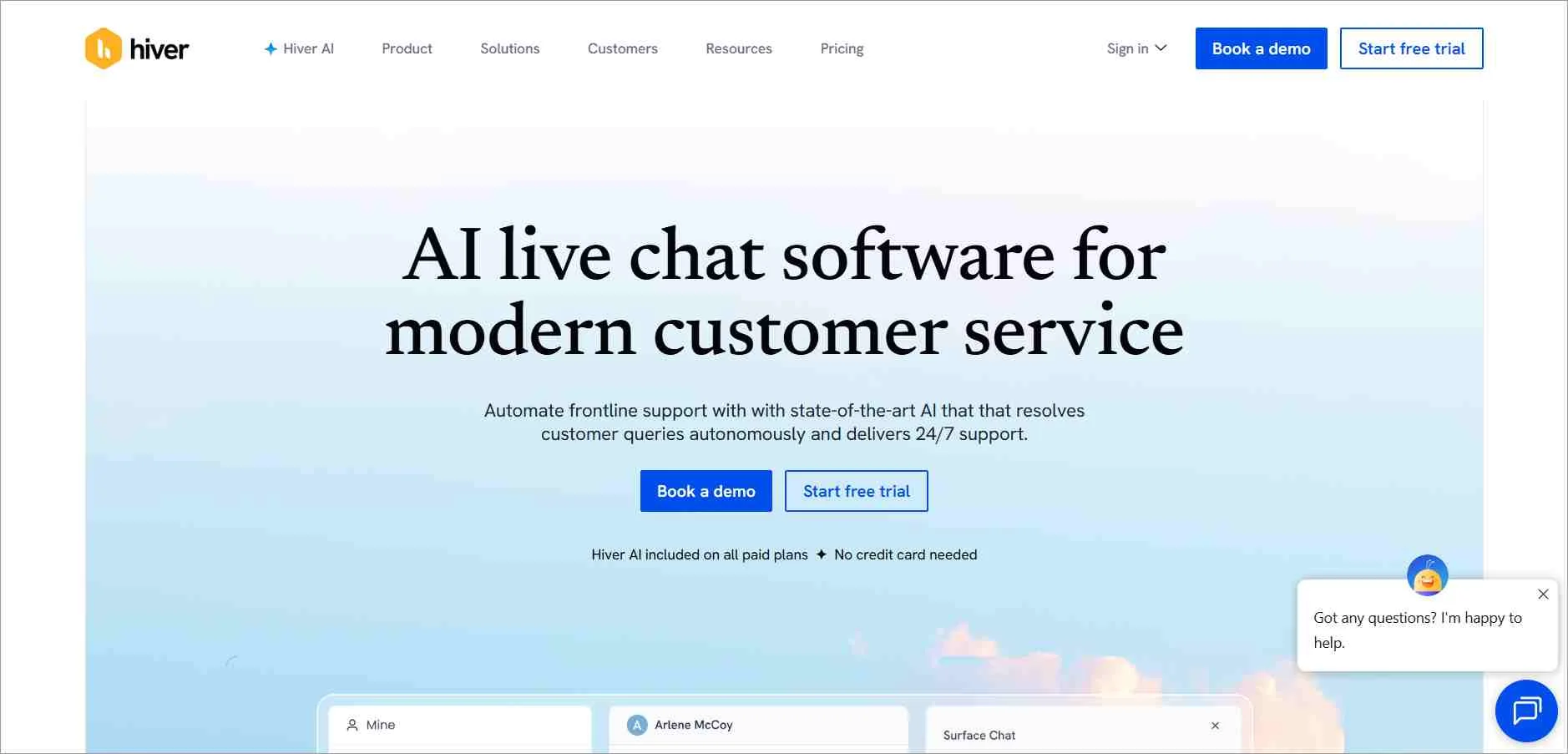 Hiver AI live chat software landing page highlighting Gmail-based support, automation, and customer service features
