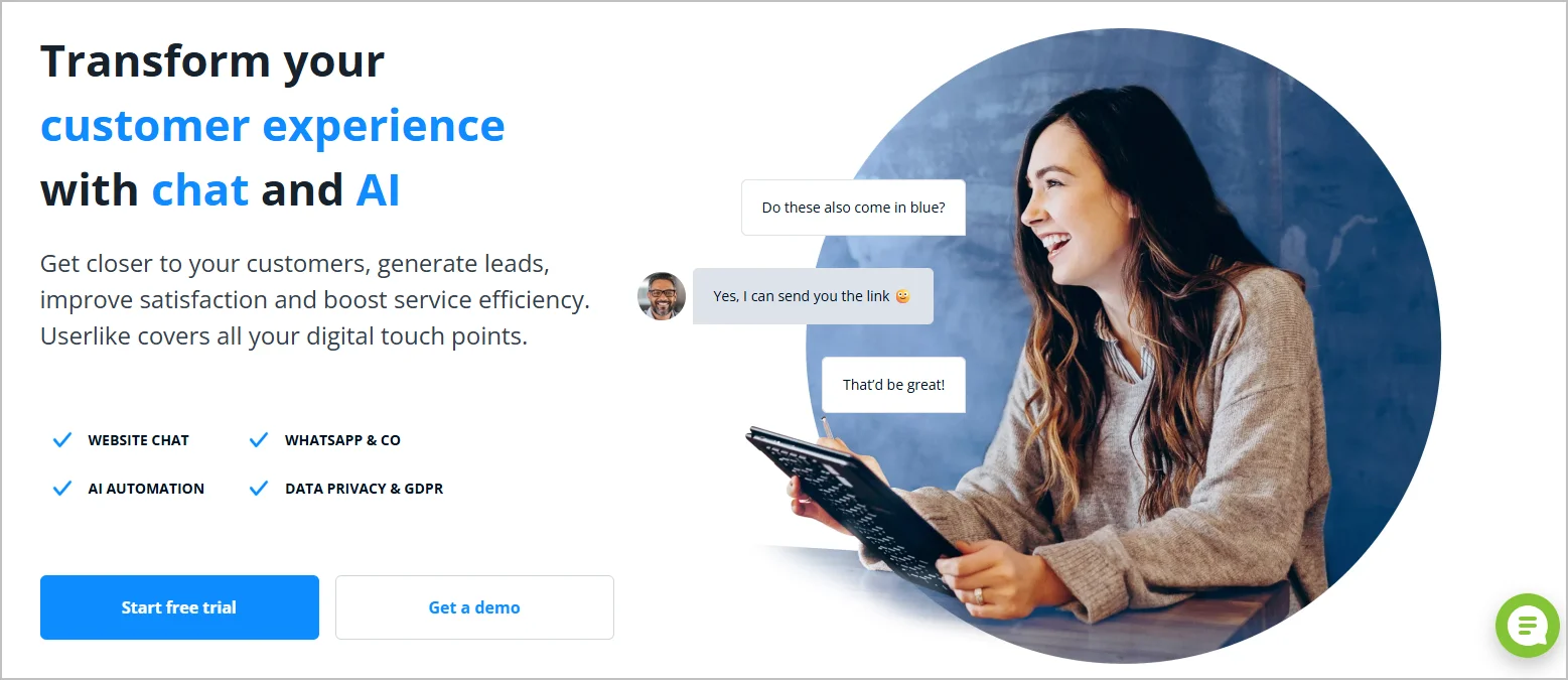 Lime Connect (formerly Userlike) homepage promoting chat and AI customer service with website chat, WhatsApp, and free trial options.