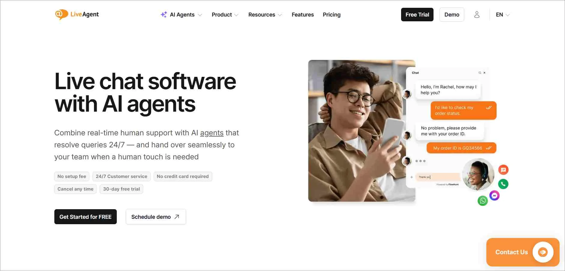 LiveAgent AI live chat software page showing chat interface, automated replies, and omnichannel customer support features