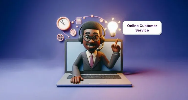 Infographic showing Online Customer Service via a virtual support assistant emerging from a laptop with digital help icons