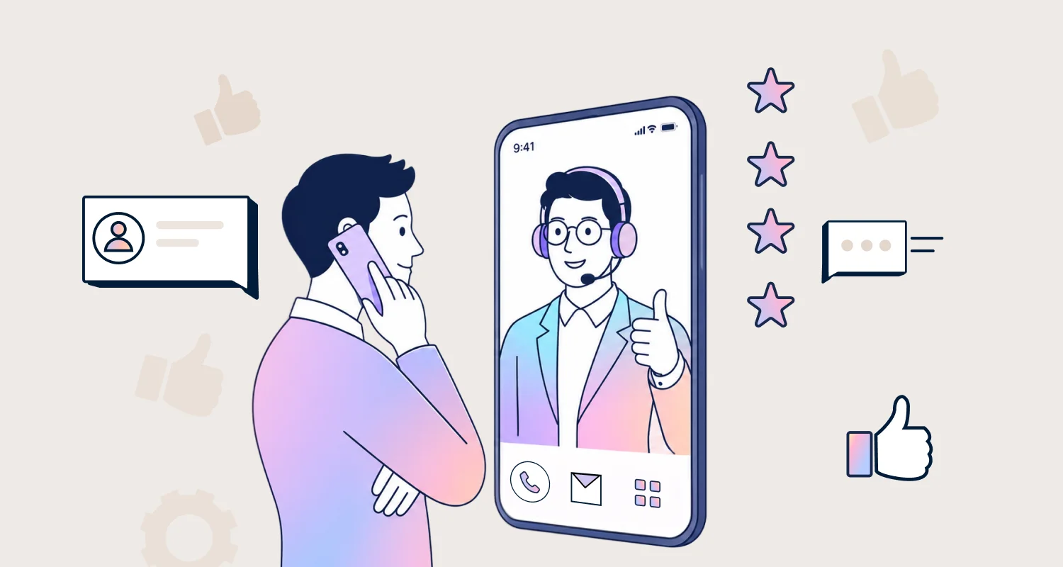 Man on a phone call views a screen with a smiling support agent giving a thumb-up, with five stars and rising arrows