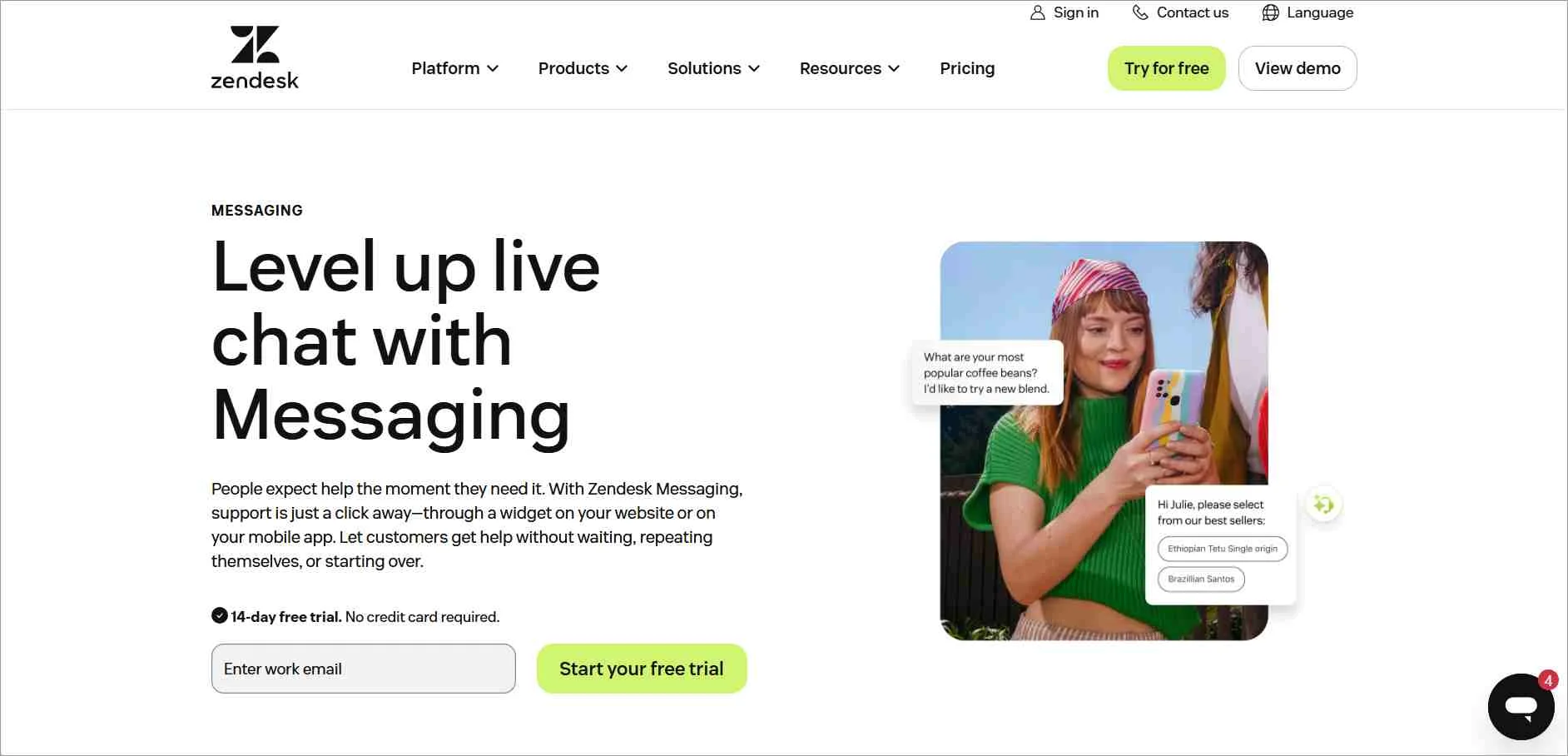 Zendesk messaging platform page showing live chat interface, customer interaction examples, and multichannel support features