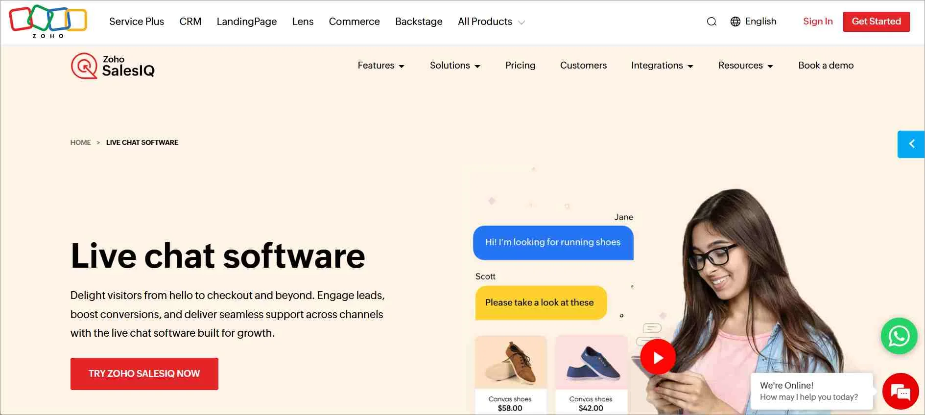 Zoho SalesIQ live chat software homepage showing chat interface, product demo, and visitor engagement features