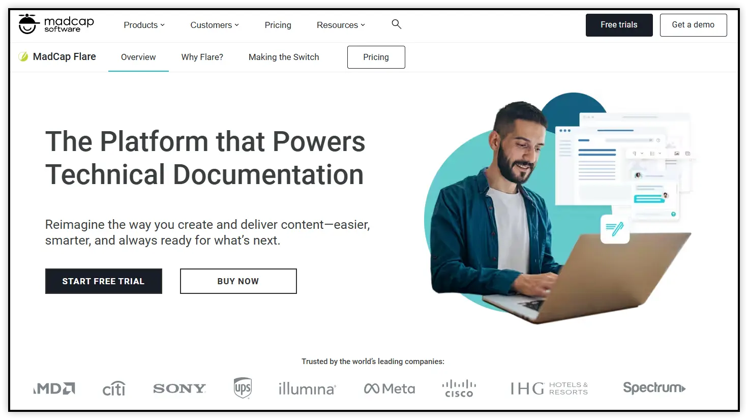 MadCap Flare webpage promoting technical writing software for creating user manuals and documentation.