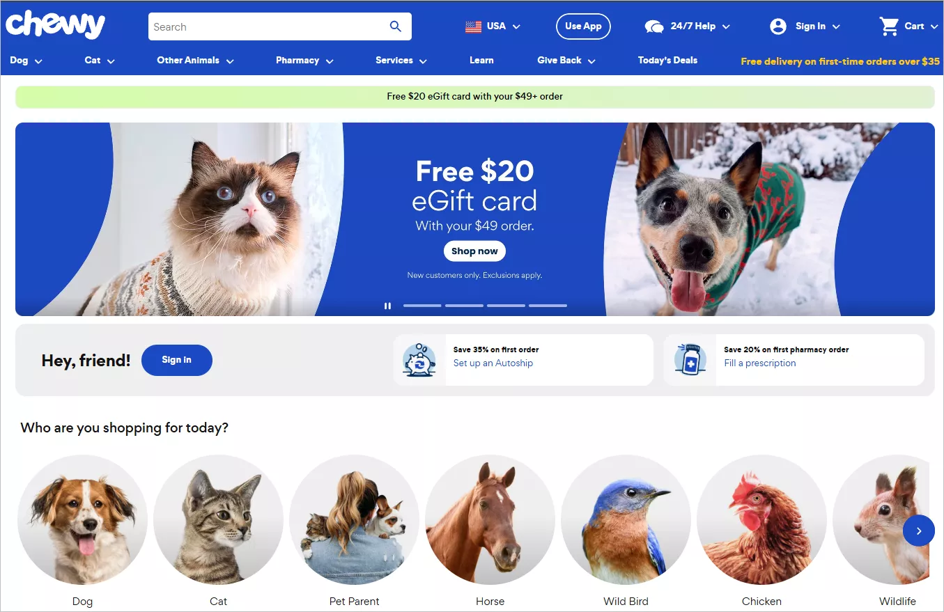 Chewy online customer service with beautiful pictures of several pet animals, including cats and dogs. 