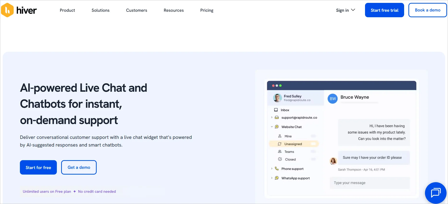 Hiver live chat banner with header "AI-powered live chat and chatbots for instant on-demand support"on the right. 