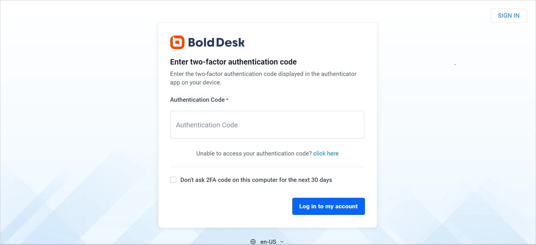 BoldDesk two-factor authentication page with code input, login button, and option to skip future prompts