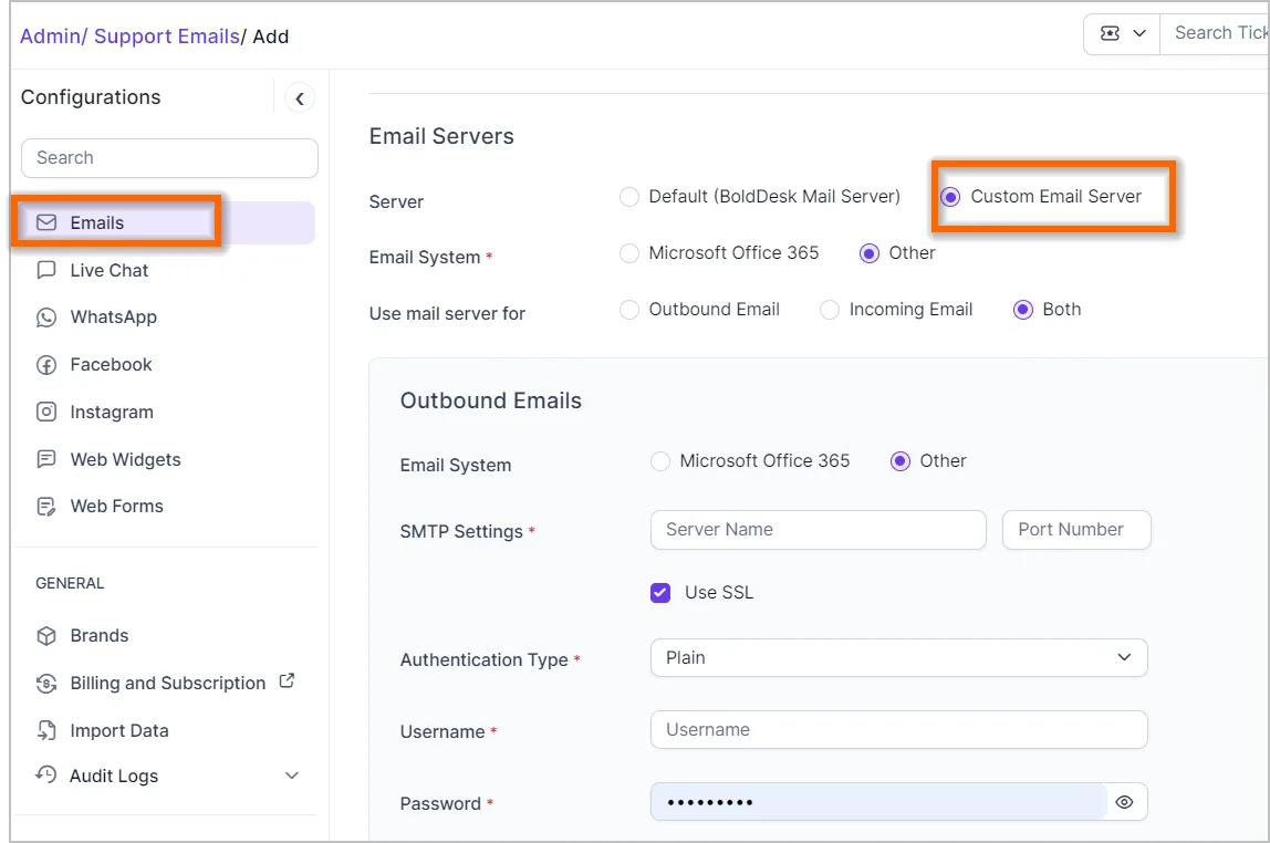 Admin interface for setting up support emails, highlighting Emails and Custom Email Server with visible server settings