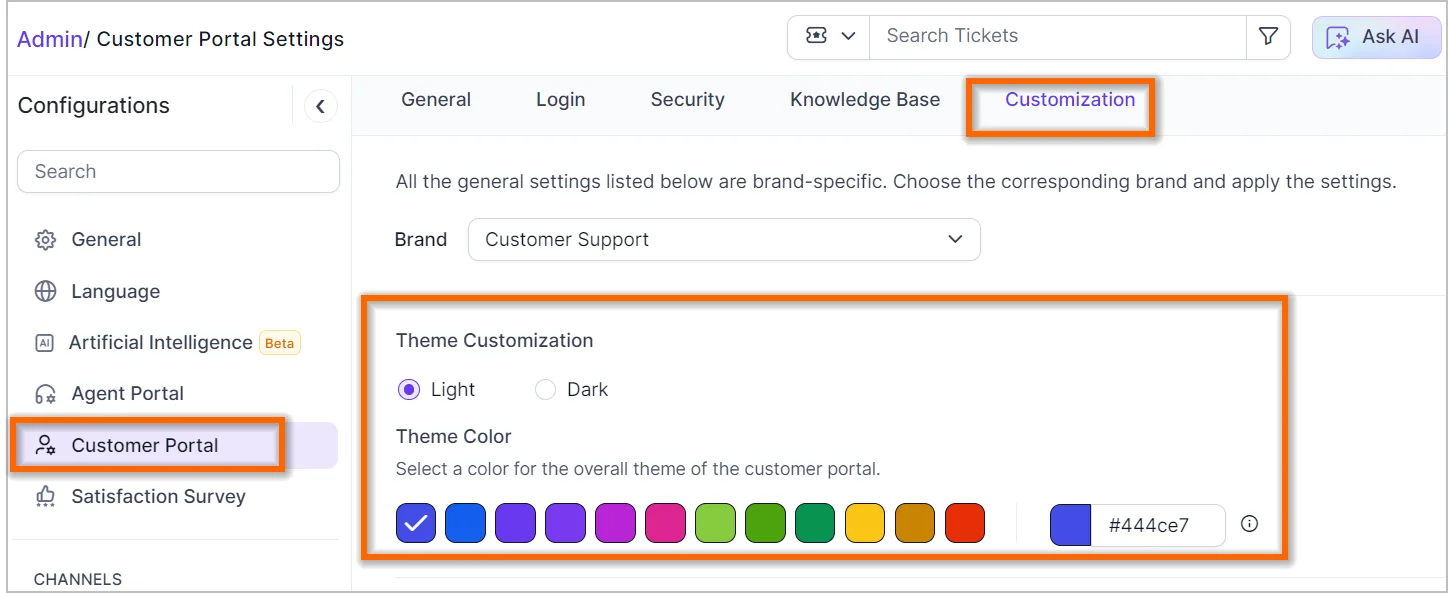 Customer portal customization settings with options for light/dark themes and color selection for the portal theme.