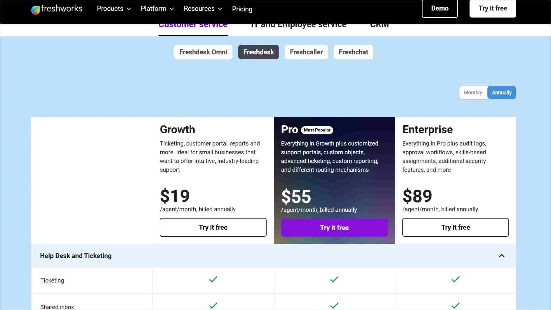 Zendesk vs Freshdesk pricing plans showing Growth at $19, Pro at $55, and Enterprise at $89 per agent with try free buttons.