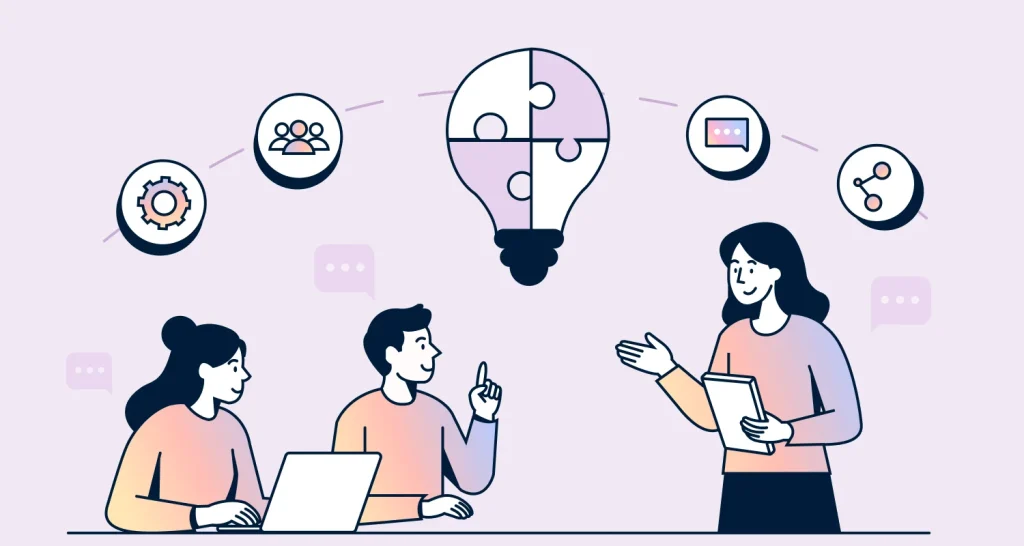 An infographic showing people collaborating and using digital tools to build a shared, puzzle-piece lightbulb idea concept.