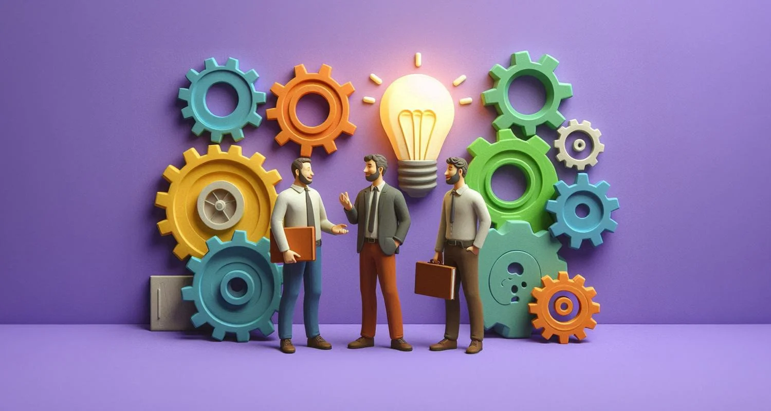 An infographic showing three business figures with colorful gears and a glowing lightbulb representing team innovation