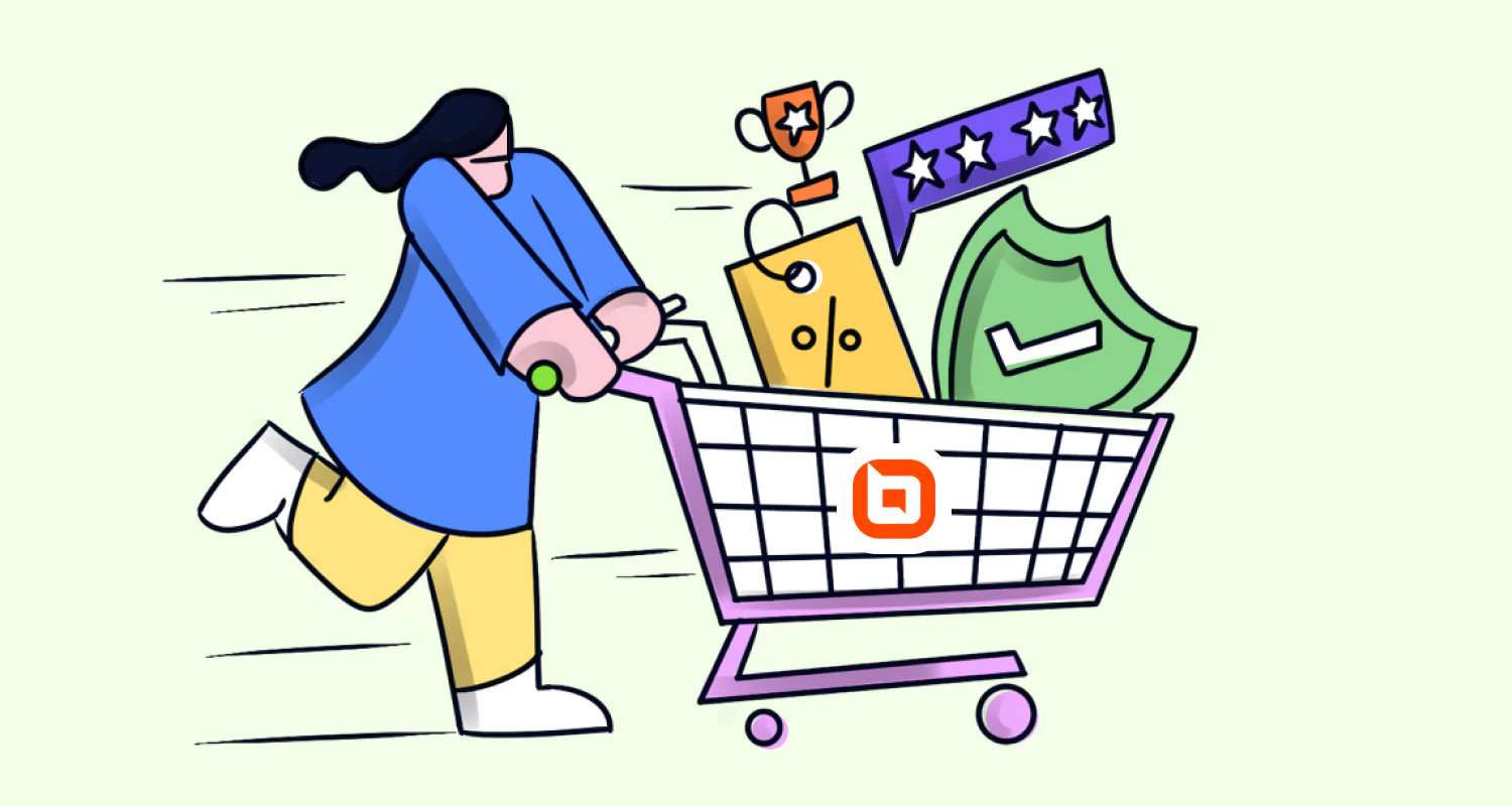 Illustration of a customer pushing a shopping cart filled with value symbols, including a discount tag, trophy, star rating, and shield, representing customer needs such as value for money, quality, trust, and positive experience.