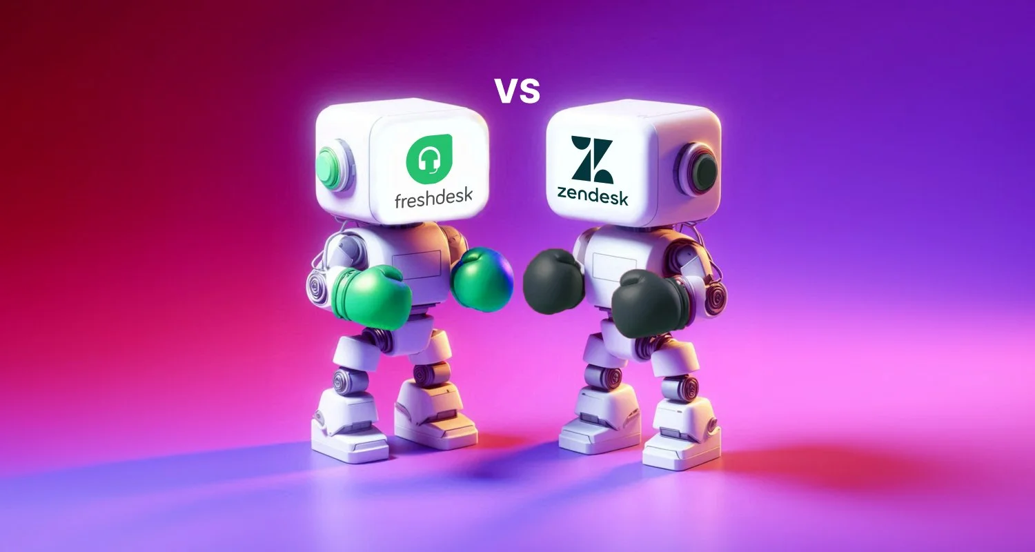 Two robot figures with green and black gloves, showing Freshdesk and Zendesk icons on a pink, purple gradient background