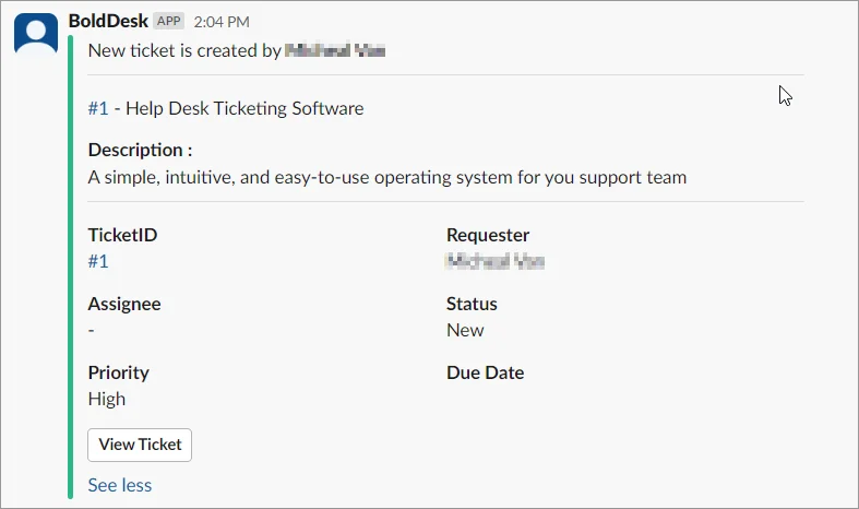 BoldDesk notification for new ticket #1: High priority, Status: New, unassigned. View Ticket.