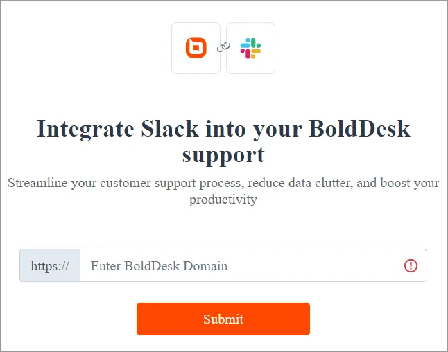 Integration setup screen for Slack and BoldDesk showing domain entry and Submit button