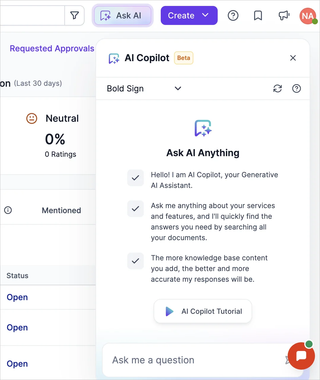 Bolddesk AI Copilot beta interface with Ask AI Anything prompt and tutorial button at the bottom