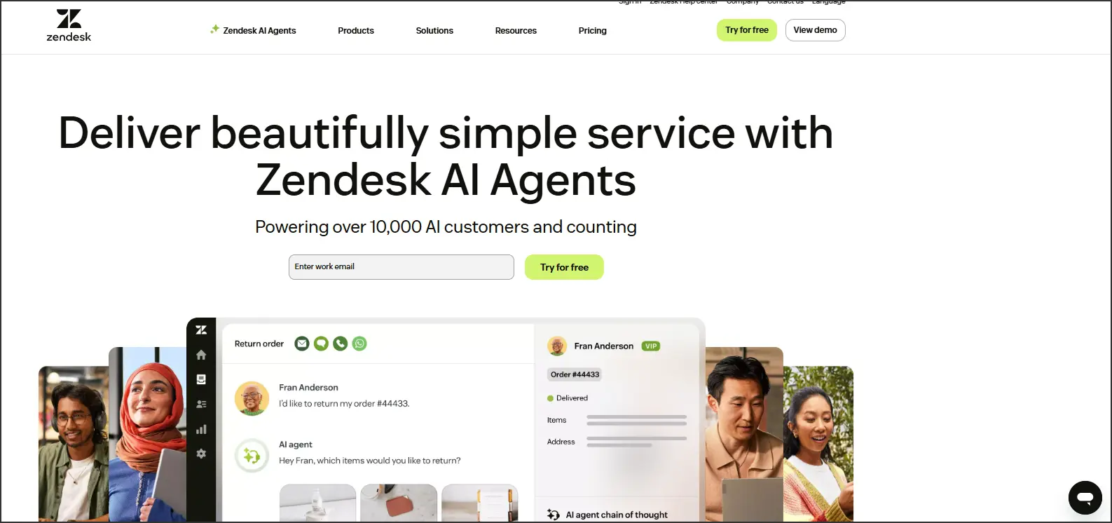 Smiling person beside bold text: ‘AI-first service. Catered to humans.’ Highlights AI-driven customer experience